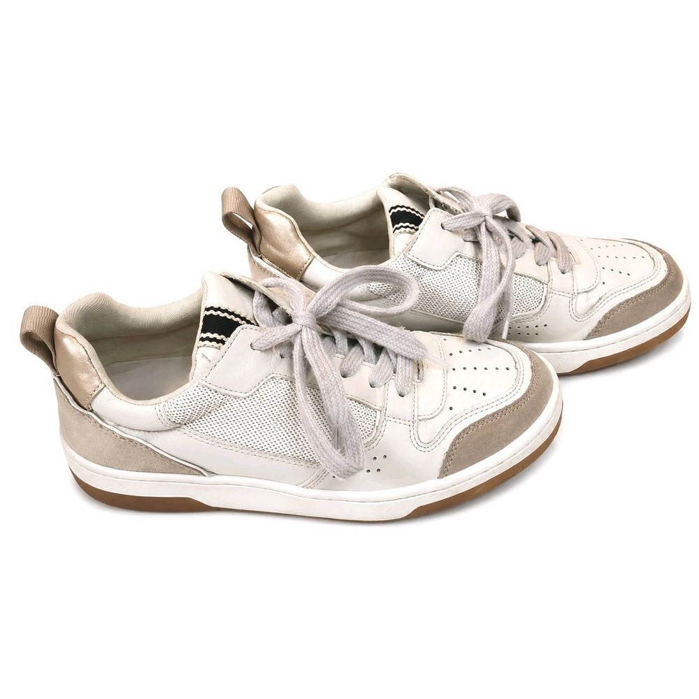 Shu Shop Womens White Tan Suede Metallic Gold Low Top Fashion Sneakers size 7.5